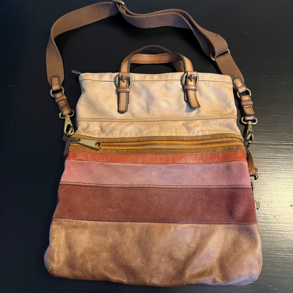 Fossil Multicolor Striped Leather Suede Foldover Crossbody Tote Bag Brown Mauve - Picture 4 of 12